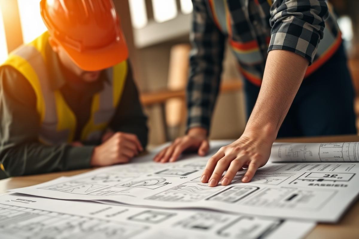Construction project manager reviewing drawings with a property site team